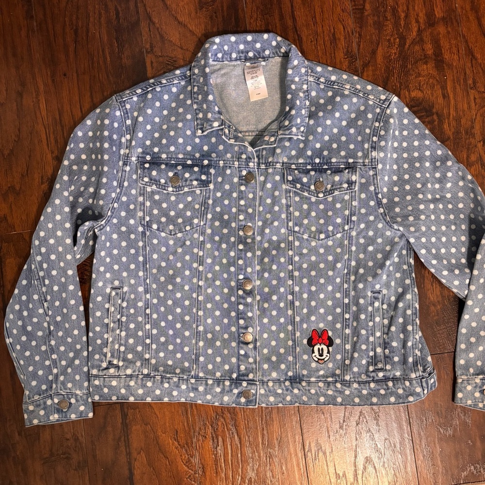 Disney Light Blue Polka Dot Denim Jacket with Minnie’s Red Bow Patch - Picture 3 of 8